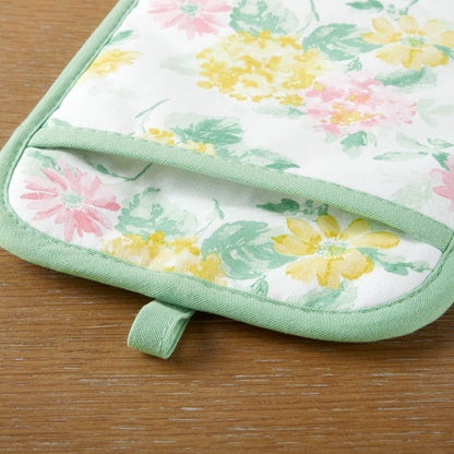 Amber Floral Oven Mitt & Pot Holder Set 2-Pack, Pink/Yellow, OM: 7"x13" & PH: 7"x10"