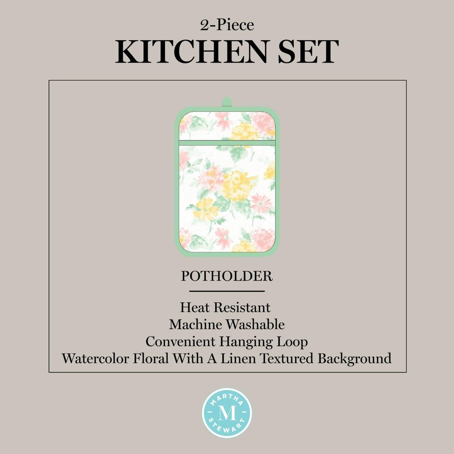 Amber Floral Oven Mitt & Pot Holder Set 2-Pack, Pink/Yellow, OM: 7"x13" & PH: 7"x10"