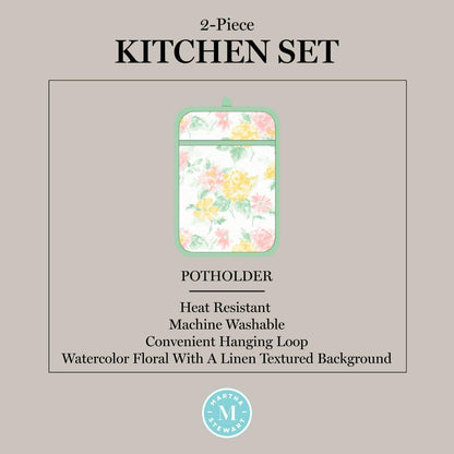 Amber Floral Oven Mitt & Pot Holder Set 2-Pack, Pink/Yellow, OM: 7"x13" & PH: 7"x10"
