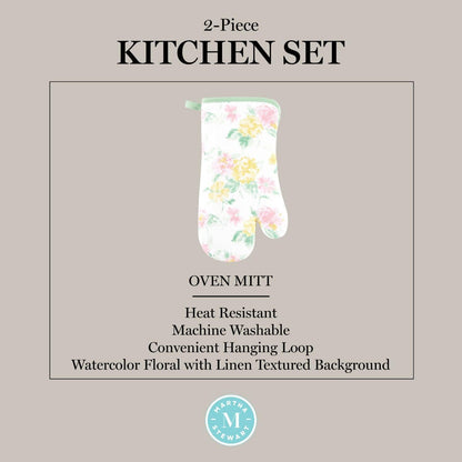 Amber Floral Oven Mitt & Pot Holder Set 2-Pack, Pink/Yellow, OM: 7"x13" & PH: 7"x10"
