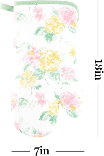 Amber Floral Oven Mitt & Pot Holder Set 2-Pack, Pink/Yellow, OM: 7"x13" & PH: 7"x10"