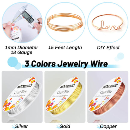 3 Pack Jewelry Wire Craft Wire 18 Gauge Tarnish Resistant Beading Wire for Jewelry Making Supplies and Crafting (Silver, Gold and Copper)