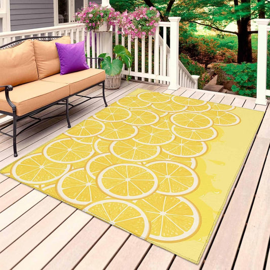 Outdoor Rug 3' x 5', Yellow Lemon Large Non Slip Area Rugs Washable Floor Mat, Summer Botanical Watercolor Modern Art Reversible Indoor/Outdoor Carpet Runner for Patio, Backyard, Deck