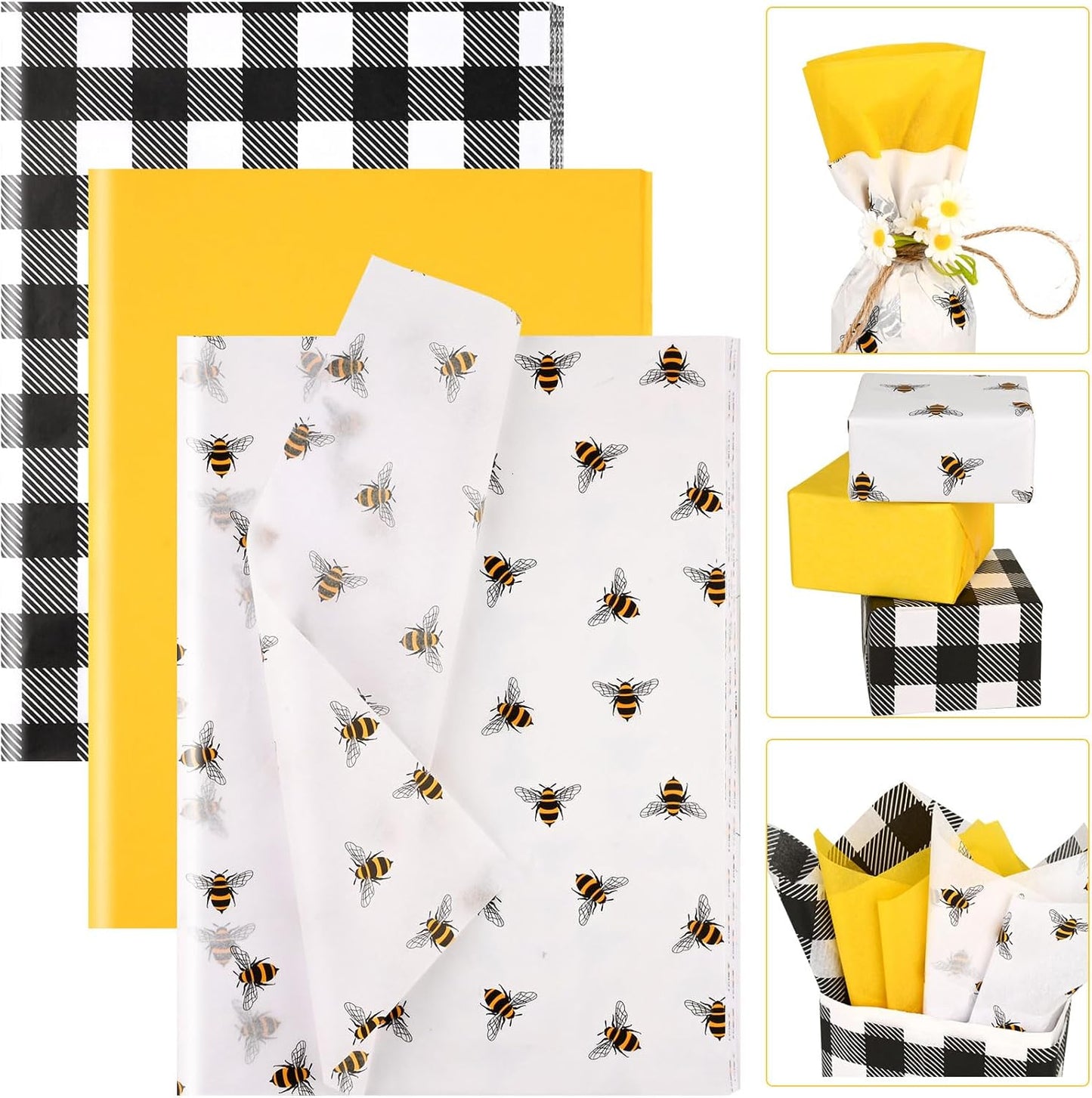 100 Sheets 20 * 14 Inches Bee Tissue Paper for Gift Wrapping Buffalo Plaid Tissue Paper for Gift Bags Yellow Tissue Paper for Birthday Bee Themed Party DIY Craft