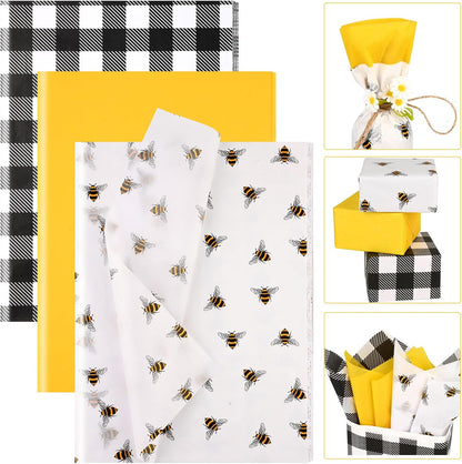 100 Sheets 20 * 14 Inches Bee Tissue Paper for Gift Wrapping Buffalo Plaid Tissue Paper for Gift Bags Yellow Tissue Paper for Birthday Bee Themed Party DIY Craft