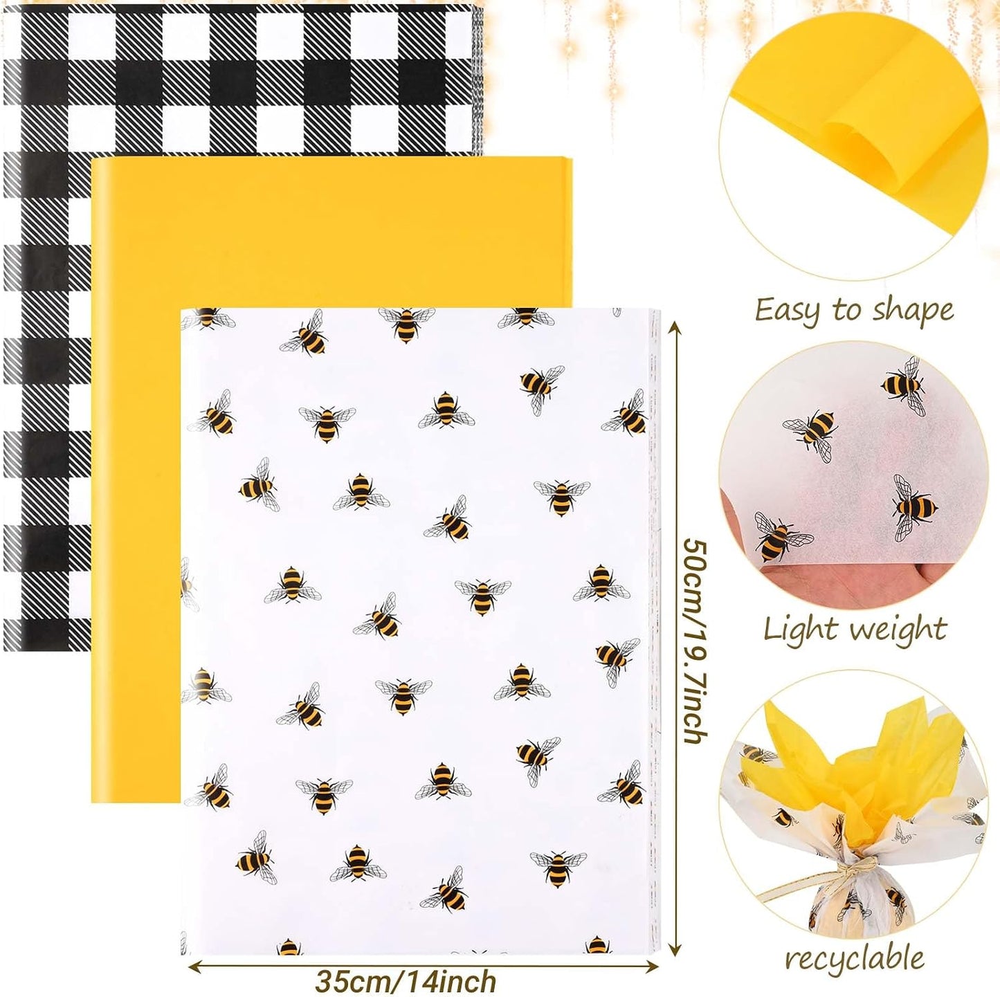 100 Sheets 20 * 14 Inches Bee Tissue Paper for Gift Wrapping Buffalo Plaid Tissue Paper for Gift Bags Yellow Tissue Paper for Birthday Bee Themed Party DIY Craft