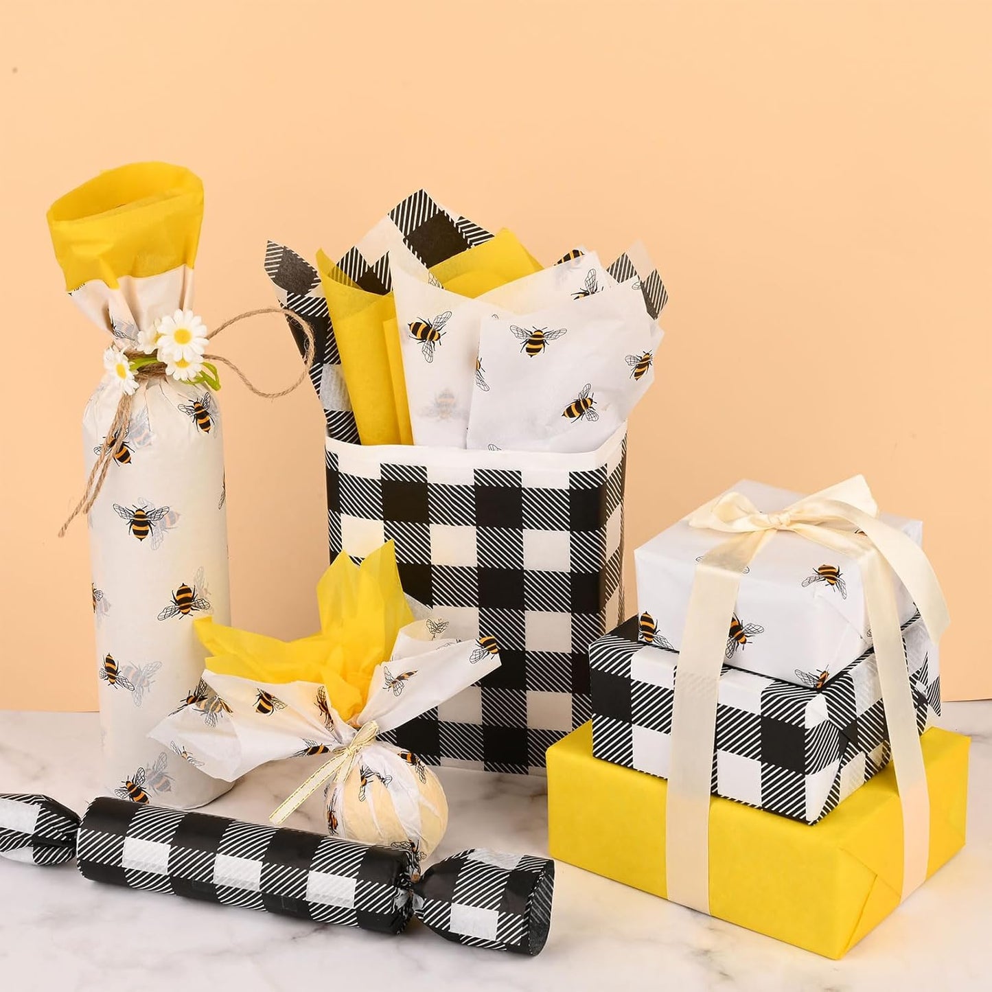 100 Sheets 20 * 14 Inches Bee Tissue Paper for Gift Wrapping Buffalo Plaid Tissue Paper for Gift Bags Yellow Tissue Paper for Birthday Bee Themed Party DIY Craft