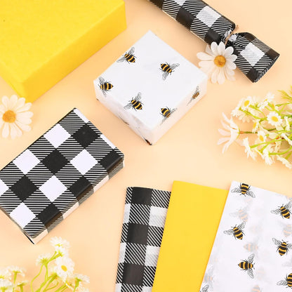 100 Sheets 20 * 14 Inches Bee Tissue Paper for Gift Wrapping Buffalo Plaid Tissue Paper for Gift Bags Yellow Tissue Paper for Birthday Bee Themed Party DIY Craft