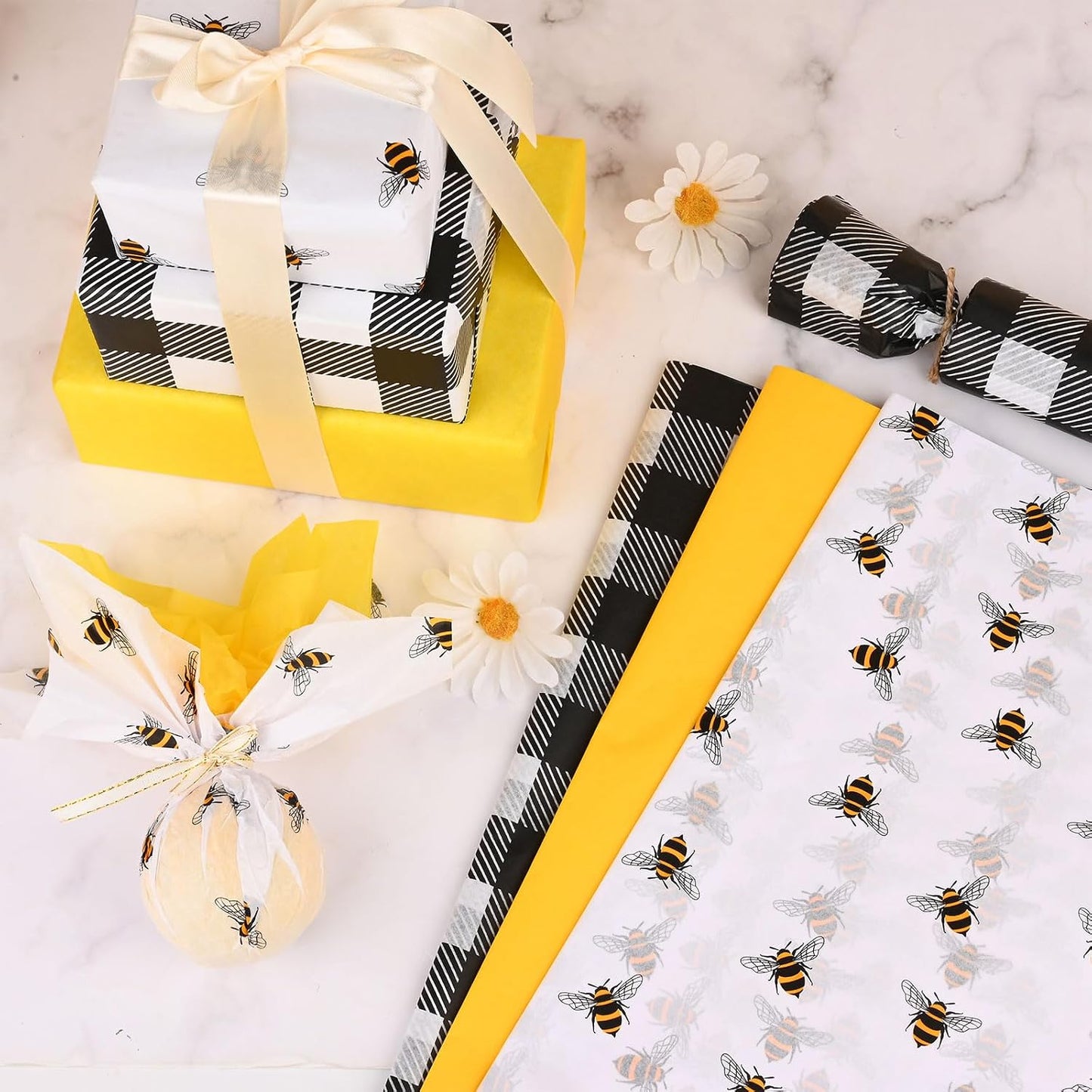 100 Sheets 20 * 14 Inches Bee Tissue Paper for Gift Wrapping Buffalo Plaid Tissue Paper for Gift Bags Yellow Tissue Paper for Birthday Bee Themed Party DIY Craft