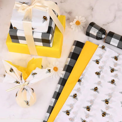 100 Sheets 20 * 14 Inches Bee Tissue Paper for Gift Wrapping Buffalo Plaid Tissue Paper for Gift Bags Yellow Tissue Paper for Birthday Bee Themed Party DIY Craft