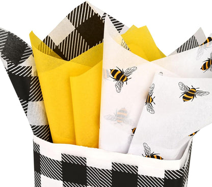 100 Sheets 20 * 14 Inches Bee Tissue Paper for Gift Wrapping Buffalo Plaid Tissue Paper for Gift Bags Yellow Tissue Paper for Birthday Bee Themed Party DIY Craft