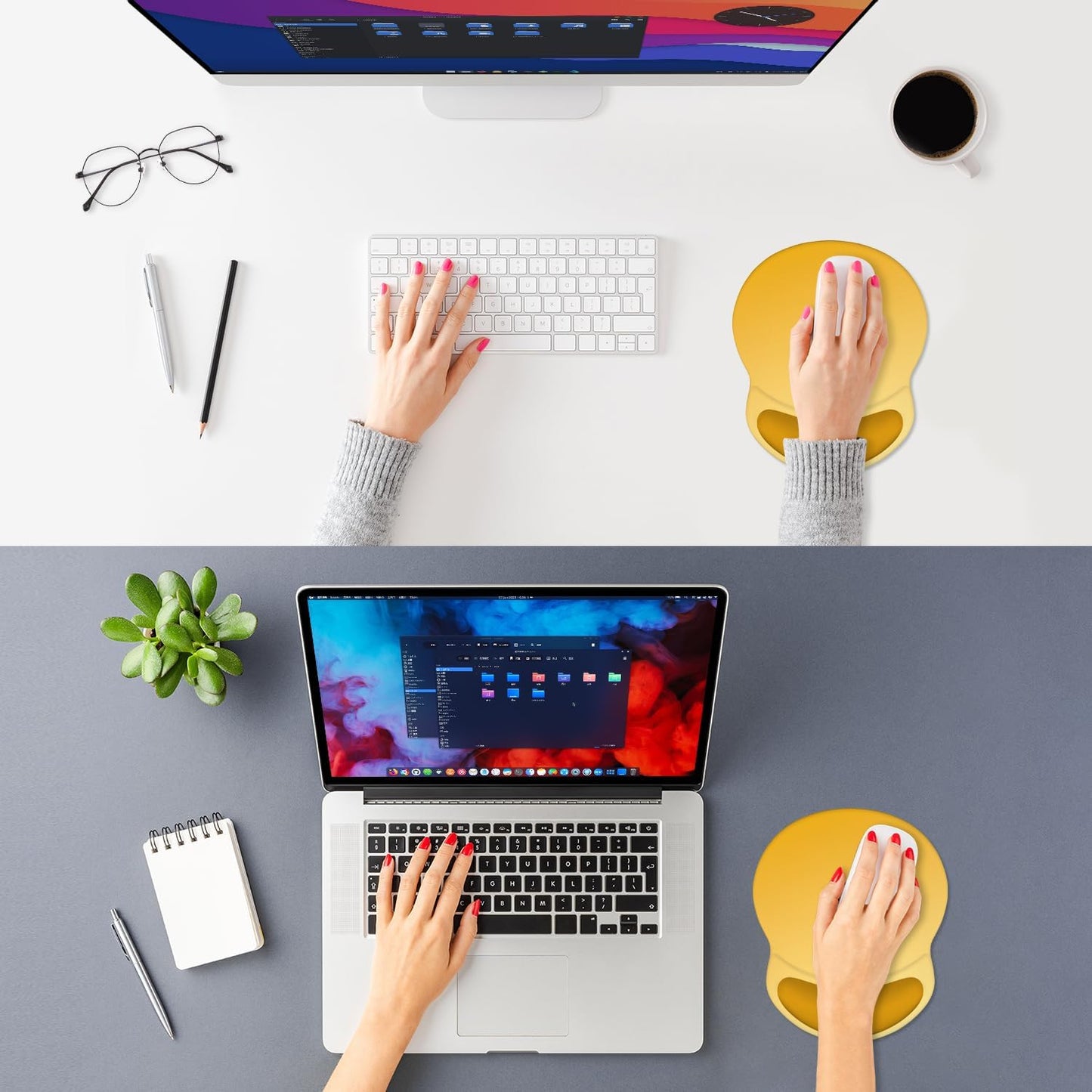 Ergonomic Mouse Pad with Comfort Gel Wrist Rest, Non-Slip PU Base, Smooth Textured Surface, Reduces Hand Fatigue & Wrist Pain, 8.7 x 7.2 Inch for Office Gaming Home, Yellow Gradient