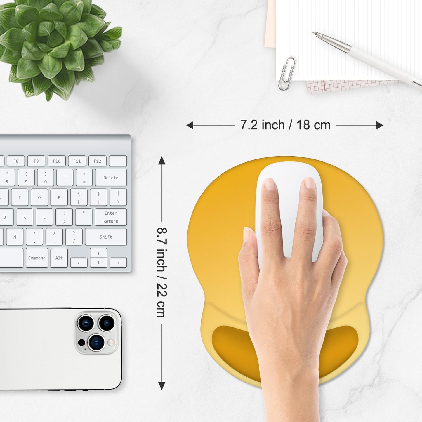 Ergonomic Mouse Pad with Comfort Gel Wrist Rest, Non-Slip PU Base, Smooth Textured Surface, Reduces Hand Fatigue & Wrist Pain, 8.7 x 7.2 Inch for Office Gaming Home, Yellow Gradient