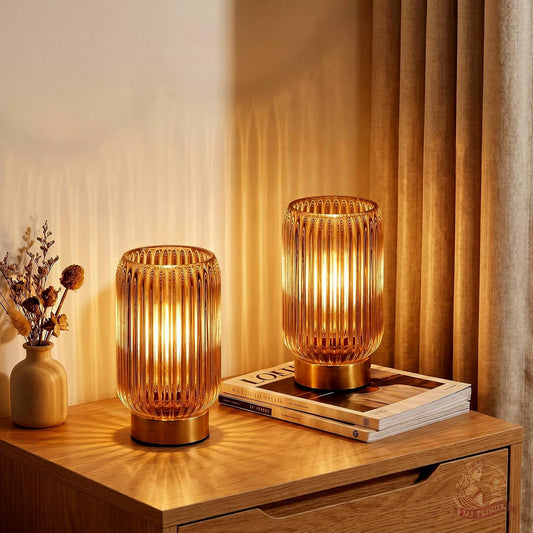 Cordless Lamp, Battery Operated Lamp with Timer, Yellow Glass Lampshade, Small Table Lamps for Area No Plug, Decorative Led Light for Bedroom Living Room Shelf (Yellow*2)
