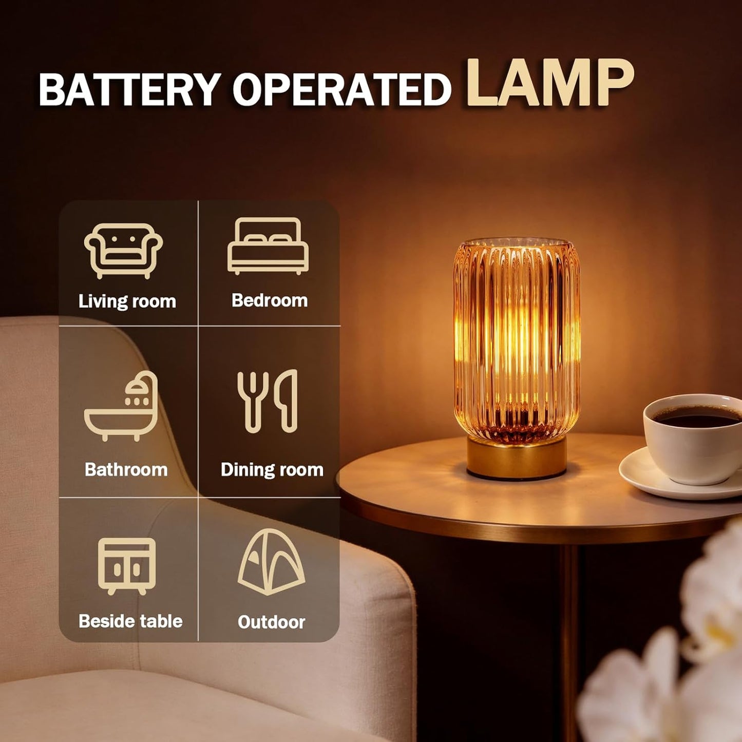 Cordless Lamp, Battery Operated Lamp with Timer, Yellow Glass Lampshade, Small Table Lamps for Area No Plug, Decorative Led Light for Bedroom Living Room Shelf (Yellow*2)