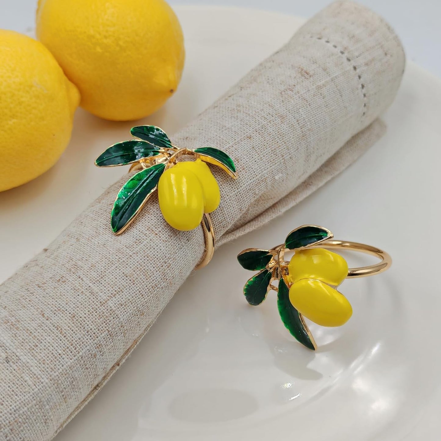 Lemon Napkin Rings Set of 12, Cheerful Gold Napkin Ring Tropical Fruit, Yellow Metal Lemon Napkin Holder for Spring Wedding, Coastal Beach Summer Holiday Garden Dinner Table Setting Decorations(12)