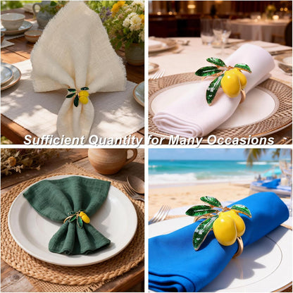 Lemon Napkin Rings Set of 12, Cheerful Gold Napkin Ring Tropical Fruit, Yellow Metal Lemon Napkin Holder for Spring Wedding, Coastal Beach Summer Holiday Garden Dinner Table Setting Decorations(12)
