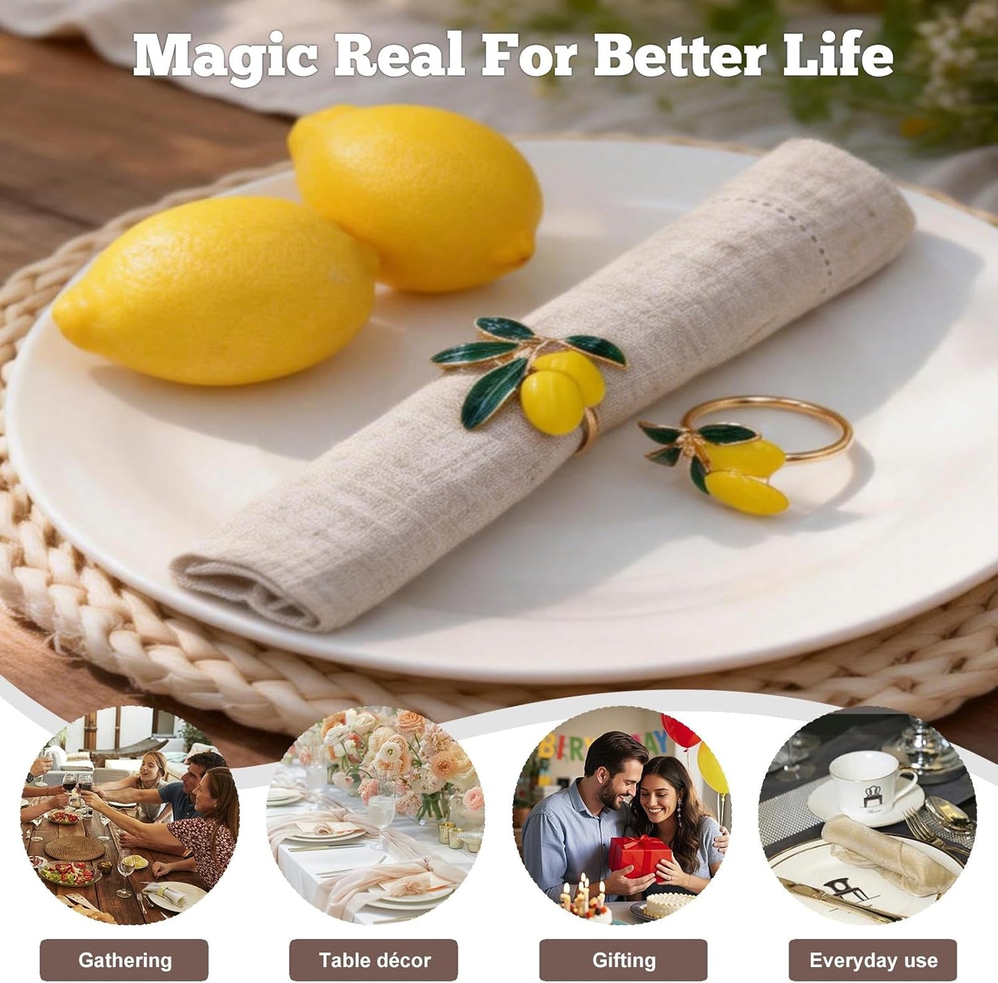 Lemon Napkin Rings Set of 12, Cheerful Gold Napkin Ring Tropical Fruit, Yellow Metal Lemon Napkin Holder for Spring Wedding, Coastal Beach Summer Holiday Garden Dinner Table Setting Decorations(12)