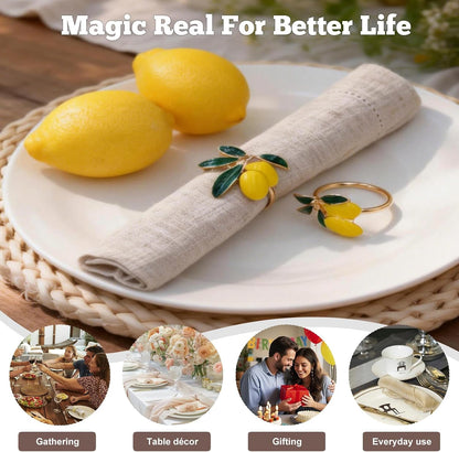 Lemon Napkin Rings Set of 12, Cheerful Gold Napkin Ring Tropical Fruit, Yellow Metal Lemon Napkin Holder for Spring Wedding, Coastal Beach Summer Holiday Garden Dinner Table Setting Decorations(12)