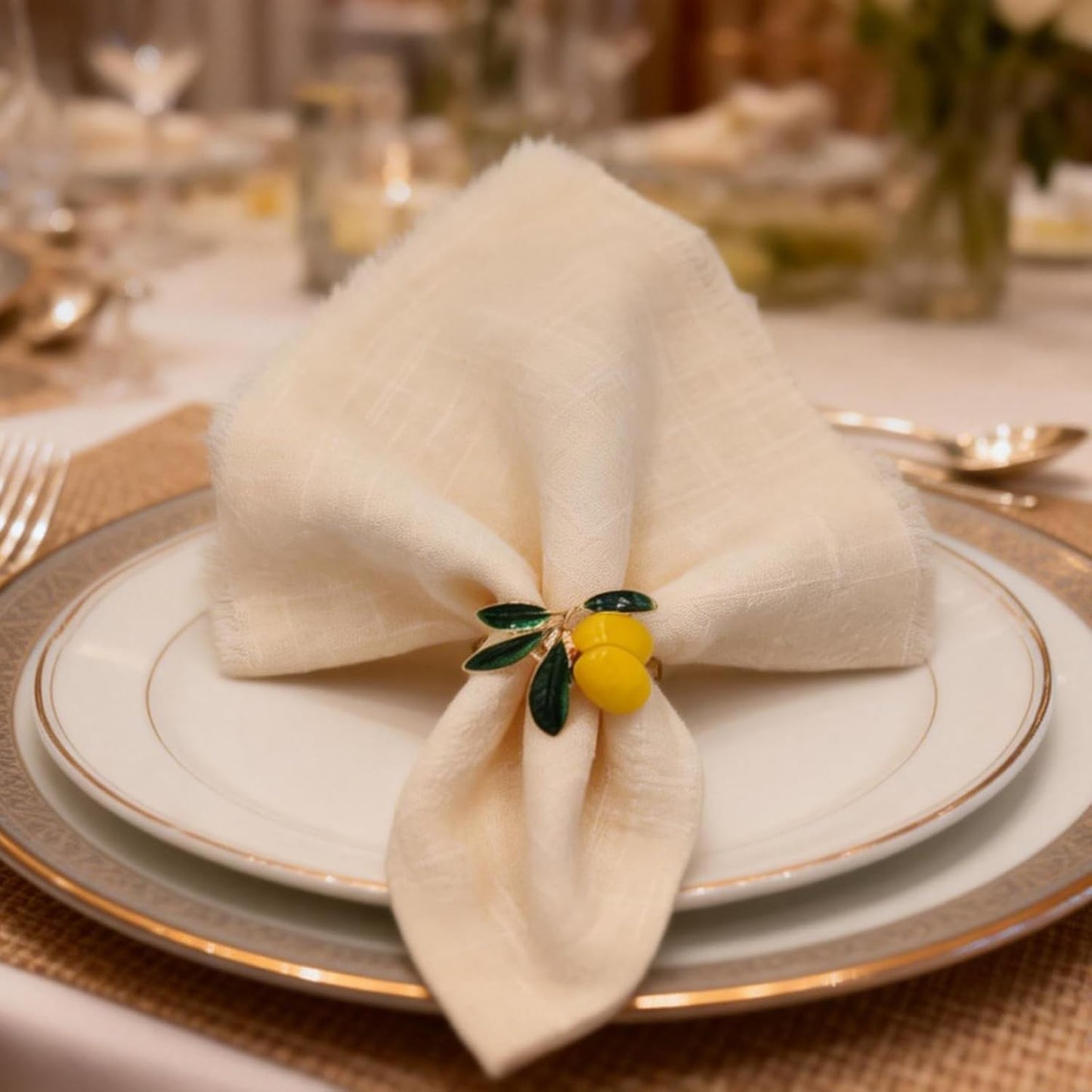 Lemon Napkin Rings Set of 12, Cheerful Gold Napkin Ring Tropical Fruit, Yellow Metal Lemon Napkin Holder for Spring Wedding, Coastal Beach Summer Holiday Garden Dinner Table Setting Decorations(12)