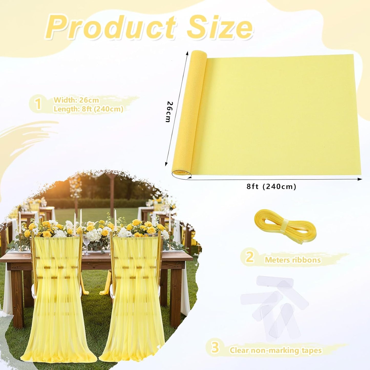 Yellow Chair Sashes for Wedding: 16 Pieces 8ft Long Sheer Draping Fabric – Party Dinner Banquet Event Chair Decorations