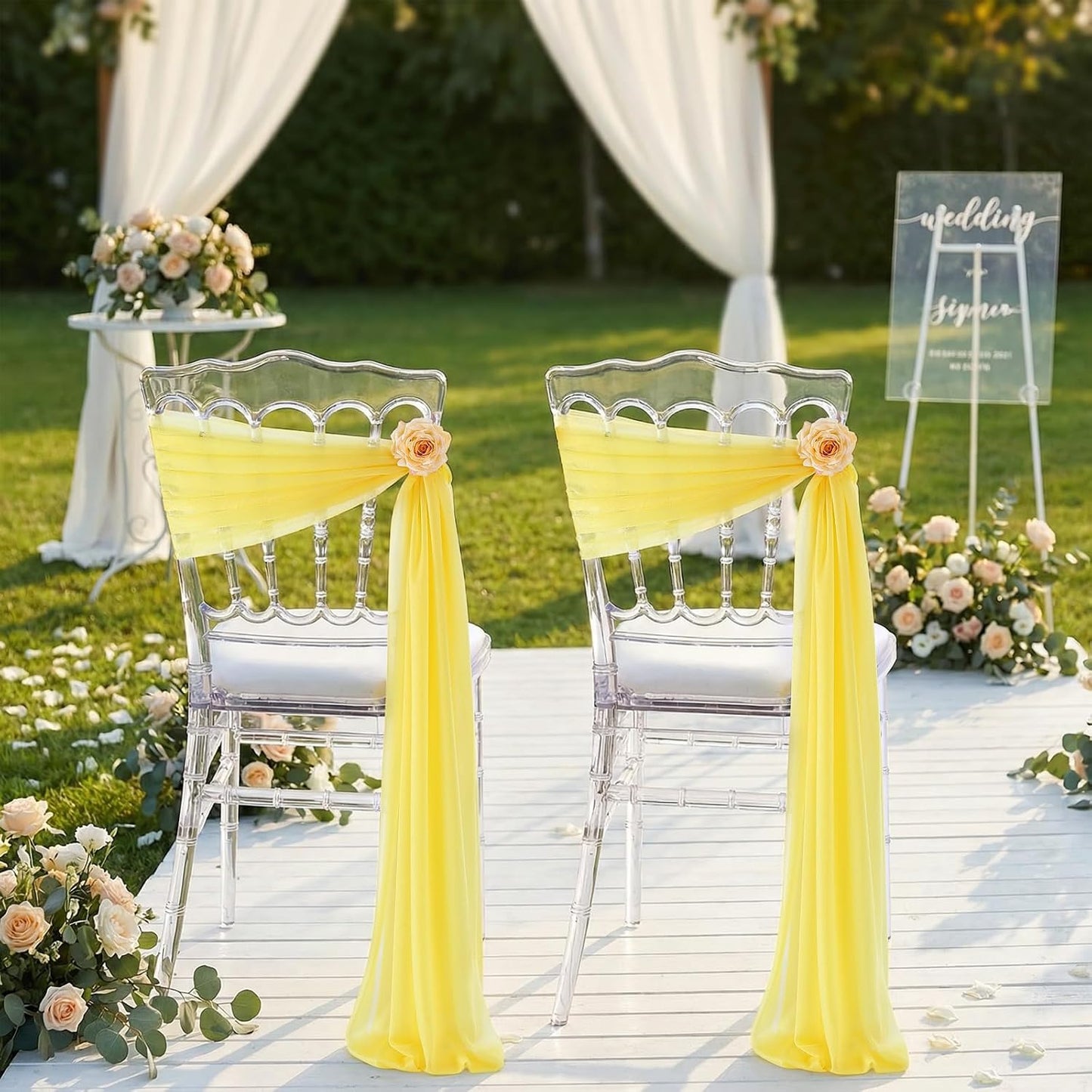 Yellow Chair Sashes for Wedding: 16 Pieces 8ft Long Sheer Draping Fabric – Party Dinner Banquet Event Chair Decorations