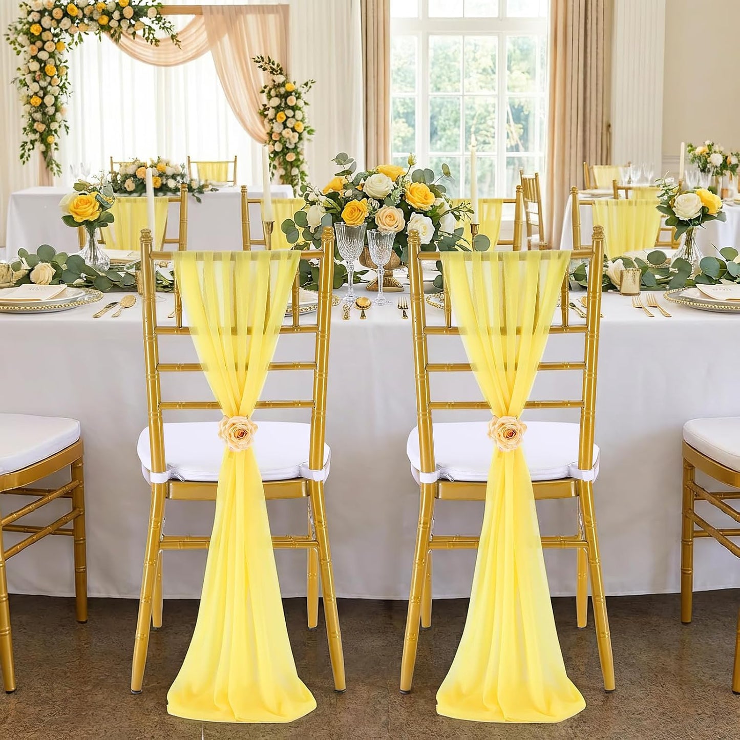 Yellow Chair Sashes for Wedding: 16 Pieces 8ft Long Sheer Draping Fabric – Party Dinner Banquet Event Chair Decorations
