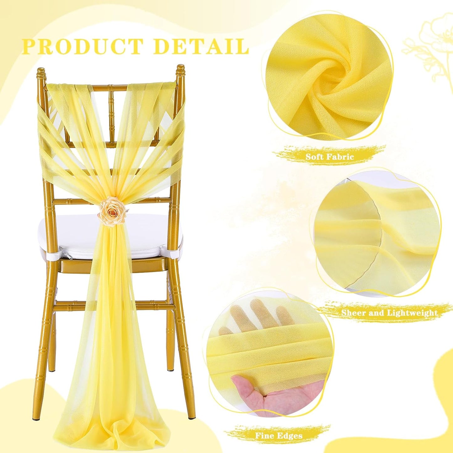 Yellow Chair Sashes for Wedding: 16 Pieces 8ft Long Sheer Draping Fabric – Party Dinner Banquet Event Chair Decorations
