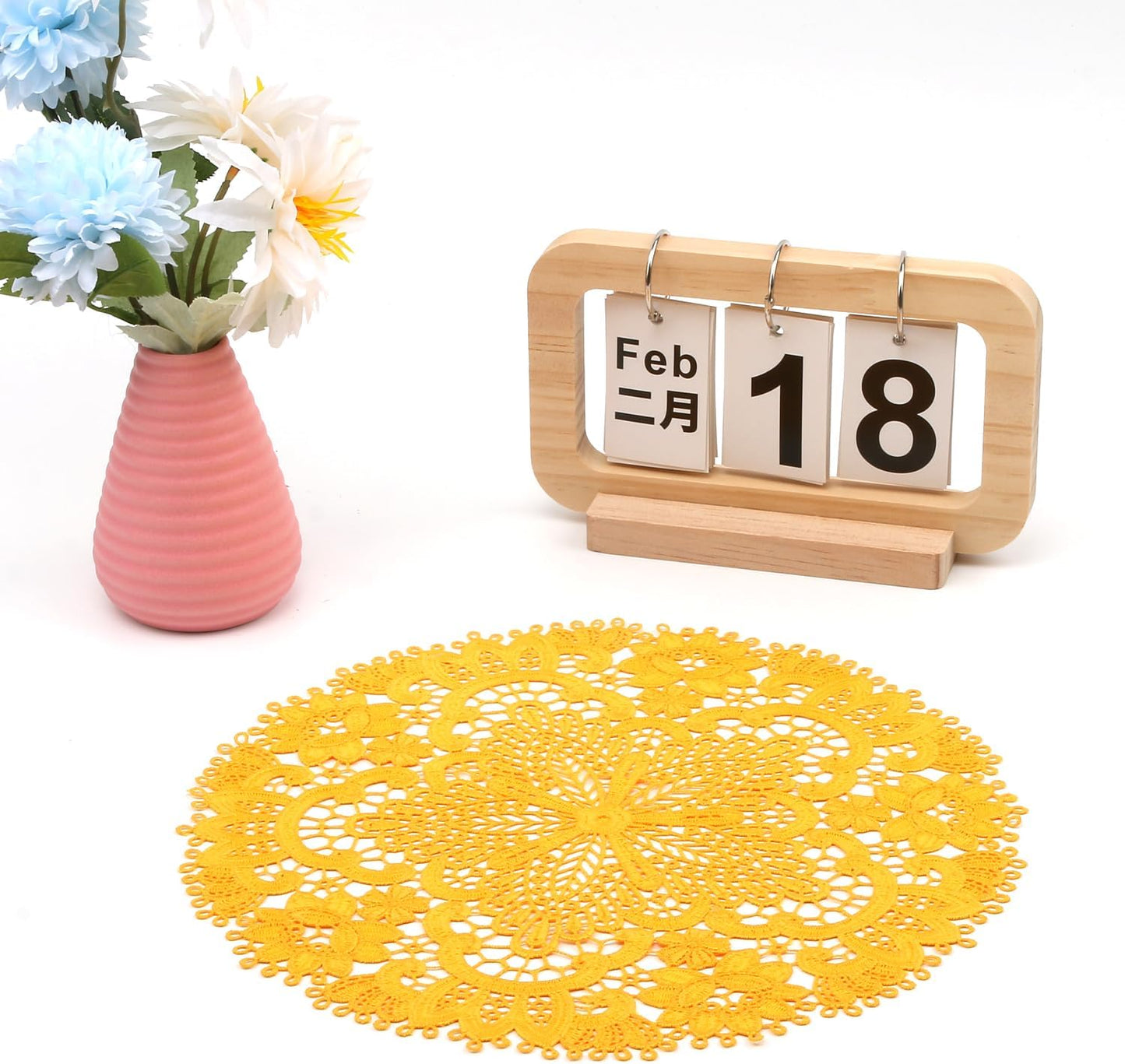 2 Pack Lace Placemats, 10.6 Inch Round Washable Embroidered Lace Doilies, Elegant Floral Table Mats for Dining Table, Home Decor, Wedding & Christmas Party(Yellow)