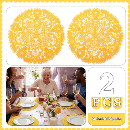 2 Pack Lace Placemats, 10.6 Inch Round Washable Embroidered Lace Doilies, Elegant Floral Table Mats for Dining Table, Home Decor, Wedding & Christmas Party(Yellow)