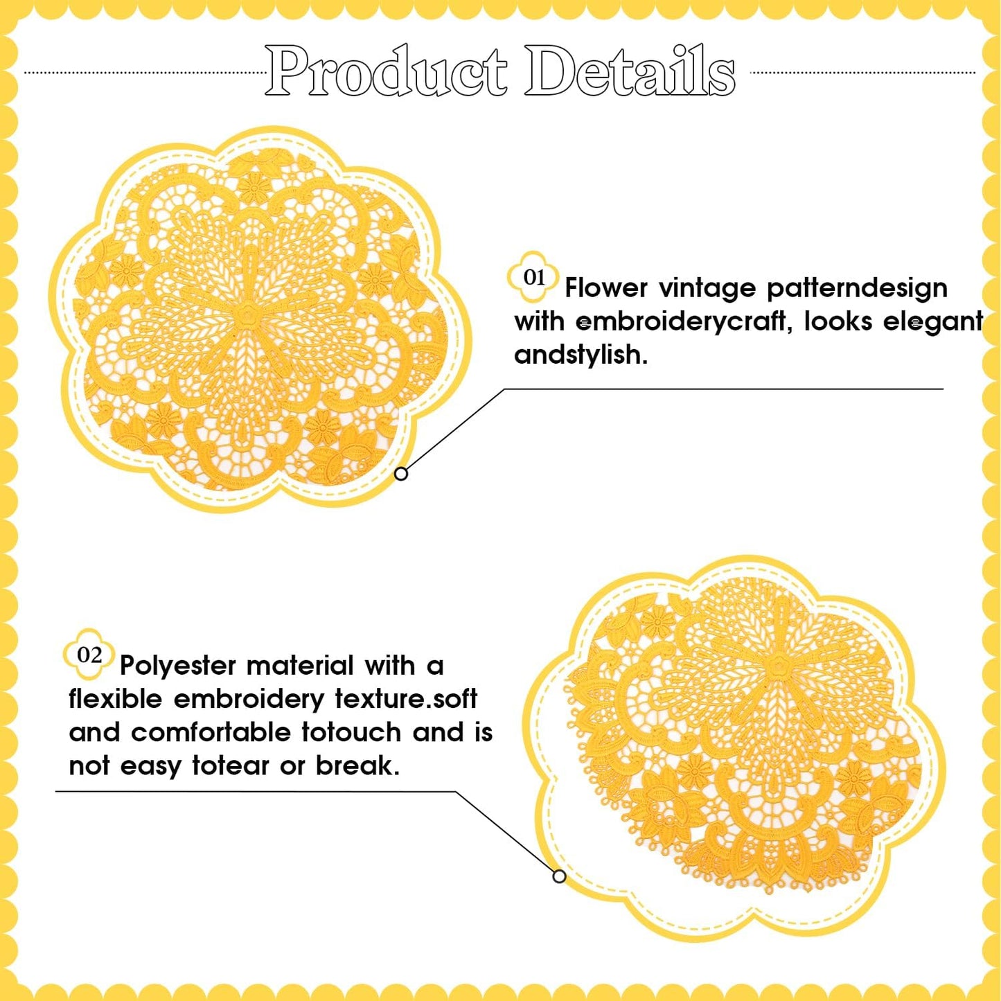 2 Pack Lace Placemats, 10.6 Inch Round Washable Embroidered Lace Doilies, Elegant Floral Table Mats for Dining Table, Home Decor, Wedding & Christmas Party(Yellow)