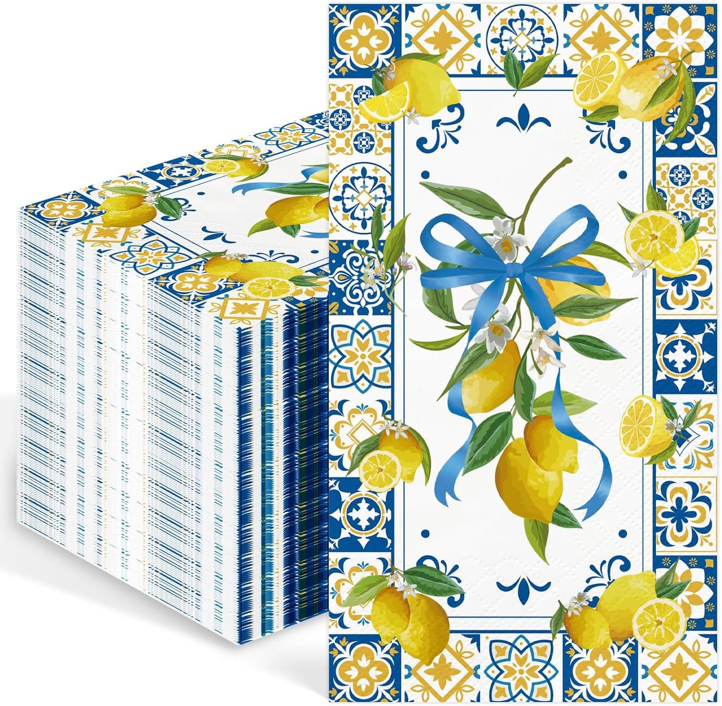 100 Pcs Lemon Paper Napkins 3 Ply Chinoiserie Floral Lemon Decorative Dinner Napkin Disposable Guest Hand Towels for Bathroom Summer Holiday Birthday Wedding Party Supplies