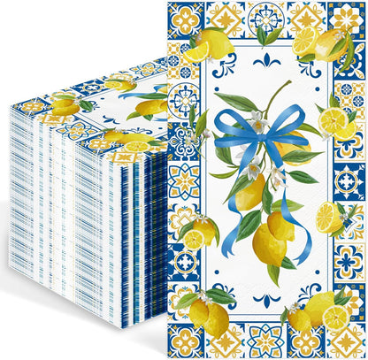 100 Pcs Lemon Paper Napkins 3 Ply Chinoiserie Floral Lemon Decorative Dinner Napkin Disposable Guest Hand Towels for Bathroom Summer Holiday Birthday Wedding Party Supplies