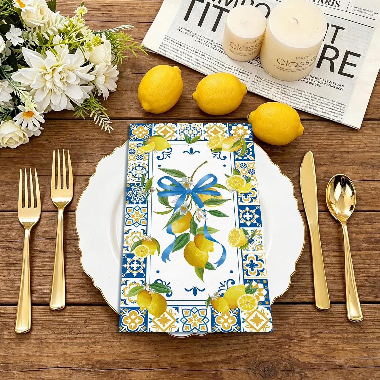 100 Pcs Lemon Paper Napkins 3 Ply Chinoiserie Floral Lemon Decorative Dinner Napkin Disposable Guest Hand Towels for Bathroom Summer Holiday Birthday Wedding Party Supplies