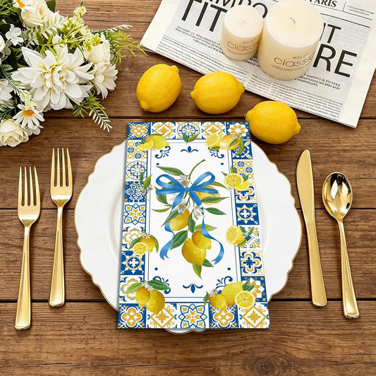 100 Pcs Lemon Paper Napkins 3 Ply Chinoiserie Floral Lemon Decorative Dinner Napkin Disposable Guest Hand Towels for Bathroom Summer Holiday Birthday Wedding Party Supplies