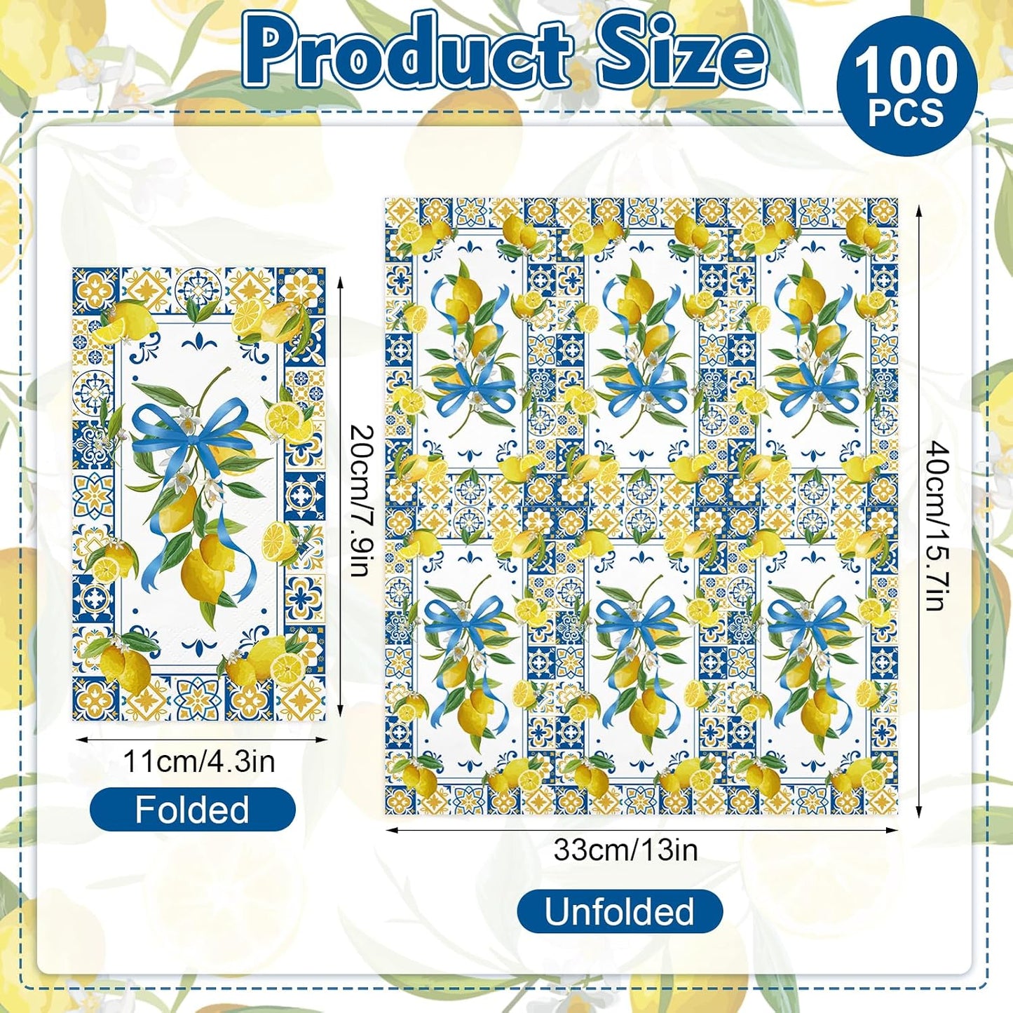 100 Pcs Lemon Paper Napkins 3 Ply Chinoiserie Floral Lemon Decorative Dinner Napkin Disposable Guest Hand Towels for Bathroom Summer Holiday Birthday Wedding Party Supplies