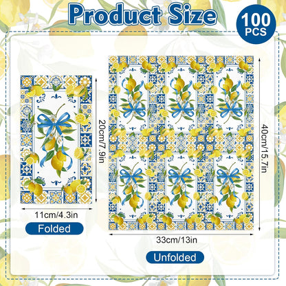 100 Pcs Lemon Paper Napkins 3 Ply Chinoiserie Floral Lemon Decorative Dinner Napkin Disposable Guest Hand Towels for Bathroom Summer Holiday Birthday Wedding Party Supplies