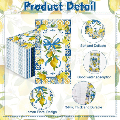 100 Pcs Lemon Paper Napkins 3 Ply Chinoiserie Floral Lemon Decorative Dinner Napkin Disposable Guest Hand Towels for Bathroom Summer Holiday Birthday Wedding Party Supplies