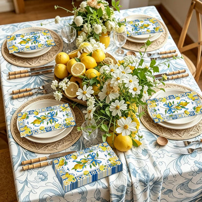 100 Pcs Lemon Paper Napkins 3 Ply Chinoiserie Floral Lemon Decorative Dinner Napkin Disposable Guest Hand Towels for Bathroom Summer Holiday Birthday Wedding Party Supplies