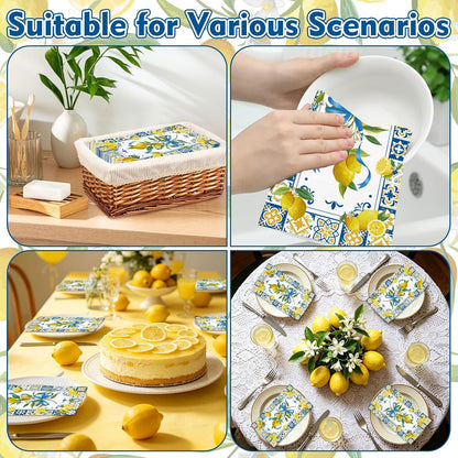 100 Pcs Lemon Paper Napkins 3 Ply Chinoiserie Floral Lemon Decorative Dinner Napkin Disposable Guest Hand Towels for Bathroom Summer Holiday Birthday Wedding Party Supplies