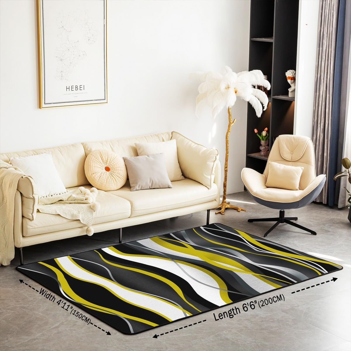 Geometric Area Rug 3x5 White Yellow Black Grey Lines Rugs for Living Room Bedroom Modern Abstract Art Decorative Rug