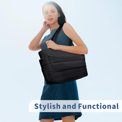 Puffer Tote Bag for Women, Lightweight Puffy Handbag with Compartments, Quilted Shoulder Bag for Work, Travel, Gym - Colors A