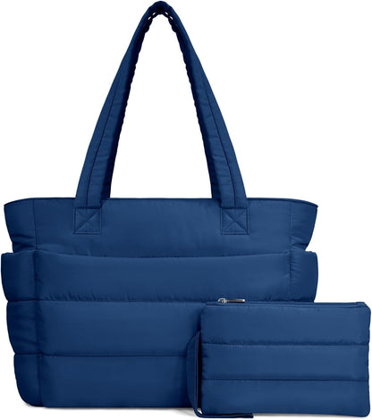 Puffer Tote Bag for Women, Lightweight Puffy Handbag with Compartments, Quilted Shoulder Bag for Work, Travel, Gym - Colors A