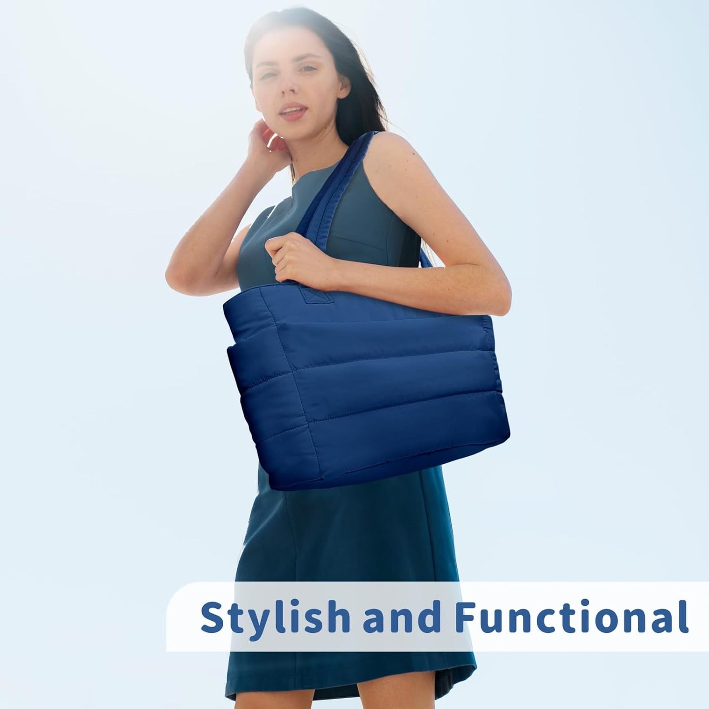 Puffer Tote Bag for Women, Lightweight Puffy Handbag with Compartments, Quilted Shoulder Bag for Work, Travel, Gym - Colors A