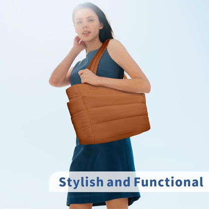 Puffer Tote Bag for Women, Lightweight Puffy Handbag with Compartments, Quilted Shoulder Bag for Work, Travel, Gym - Colors A