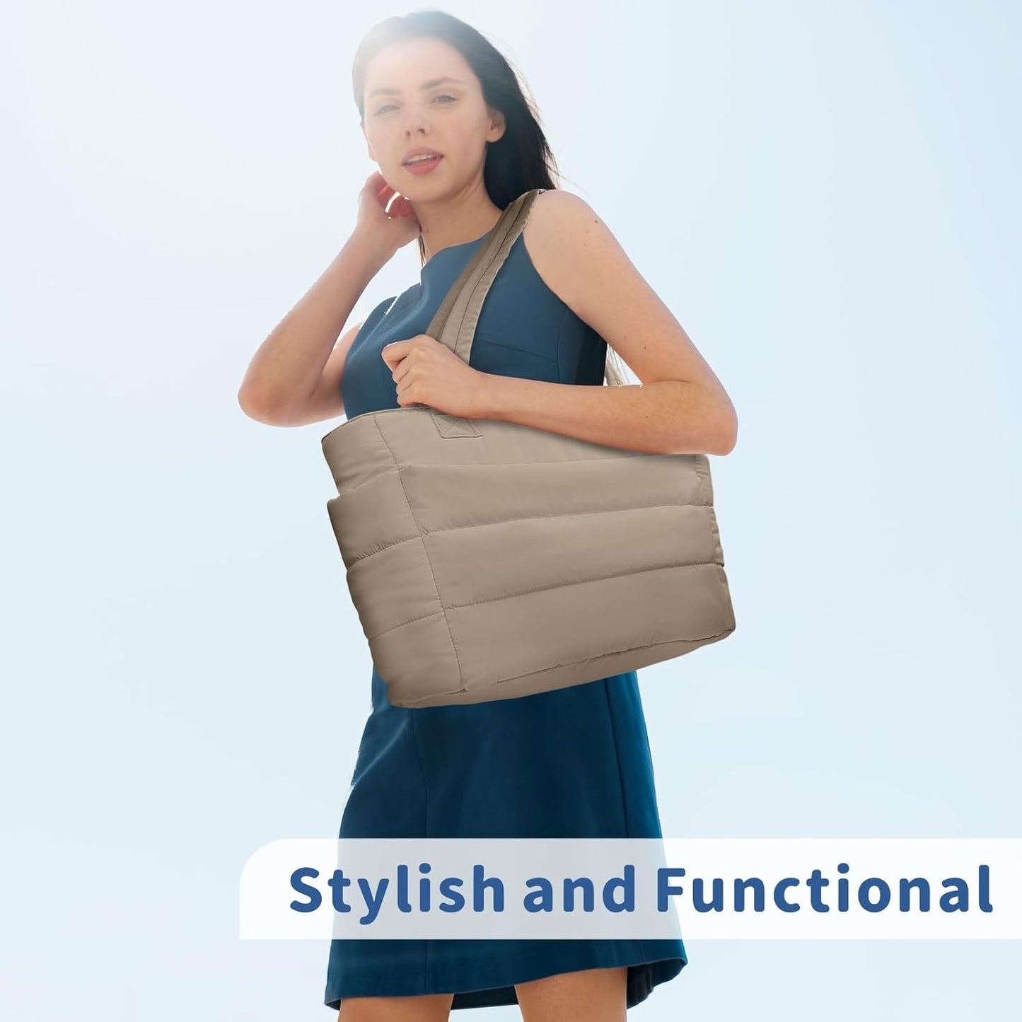 Puffer Tote Bag for Women, Lightweight Puffy Handbag with Compartments, Quilted Shoulder Bag for Work, Travel, Gym - Colors A