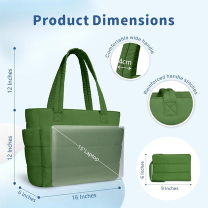 Puffer Tote Bag for Women, Lightweight Puffy Handbag with Compartments, Quilted Shoulder Bag for Work, Travel, Gym - Colors A