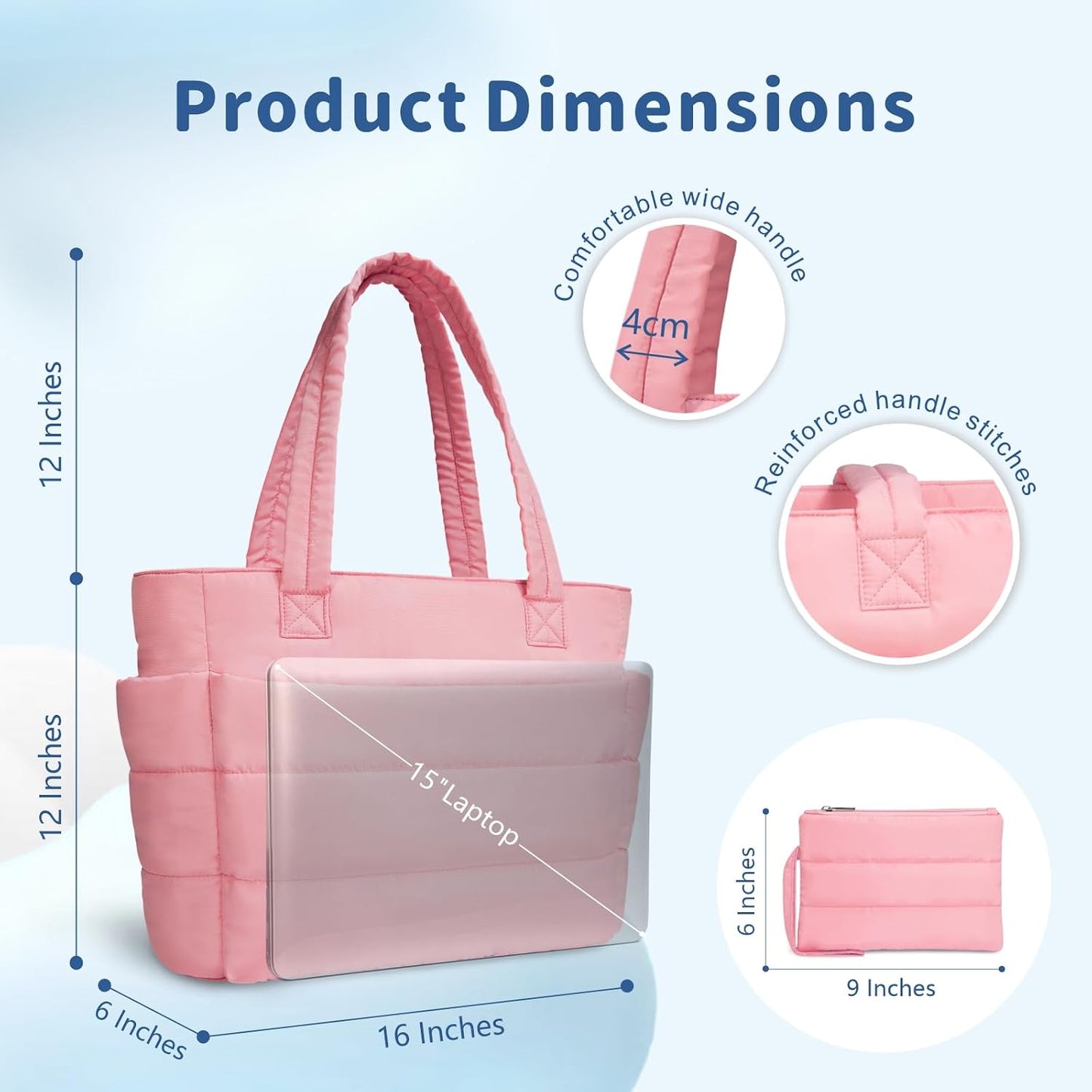 Puffer Tote Bag for Women, Lightweight Puffy Handbag with Compartments, Quilted Shoulder Bag for Work, Travel, Gym - Colors A