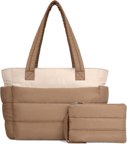 Puffer Tote Bag for Women, Lightweight Puffy Handbag with Compartments, Quilted Shoulder Bag for Work, Travel, Gym - Colors A