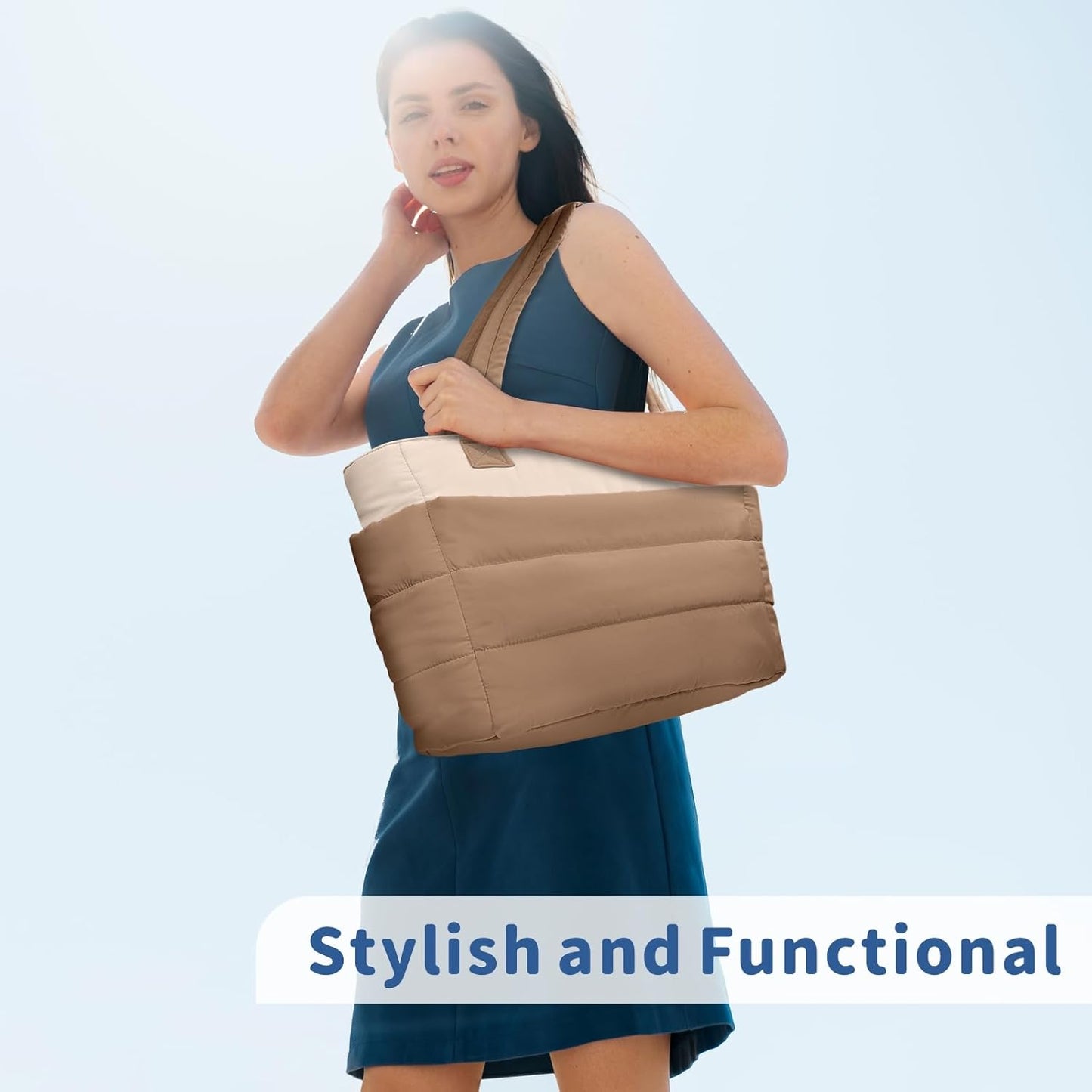 Puffer Tote Bag for Women, Lightweight Puffy Handbag with Compartments, Quilted Shoulder Bag for Work, Travel, Gym - Colors A